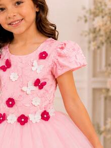 Vestido Rosa Festa Infantil Florista Luxo Apliques de Borboletas - Rosa Bebê - Visão 5