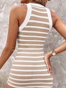 ChicMe Women's Striped Ribbed Knit Gold Button Halter Neck Sleeveless Fitted Mini Dress, Casual Outing Party Outfit - Khaki - View 2