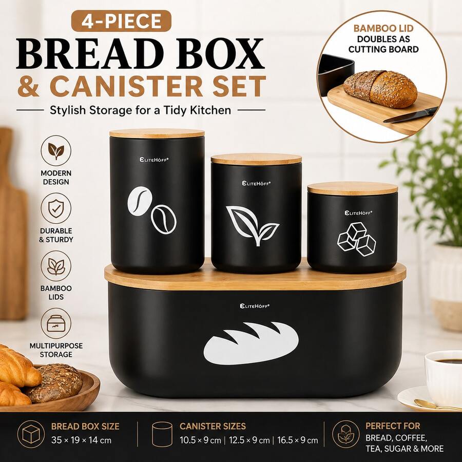 4-Piece Metal Bread Box Set With Bamboo Cutting Board Lid & 3 Kitchen Storage Canisters, Black - Black - View 1