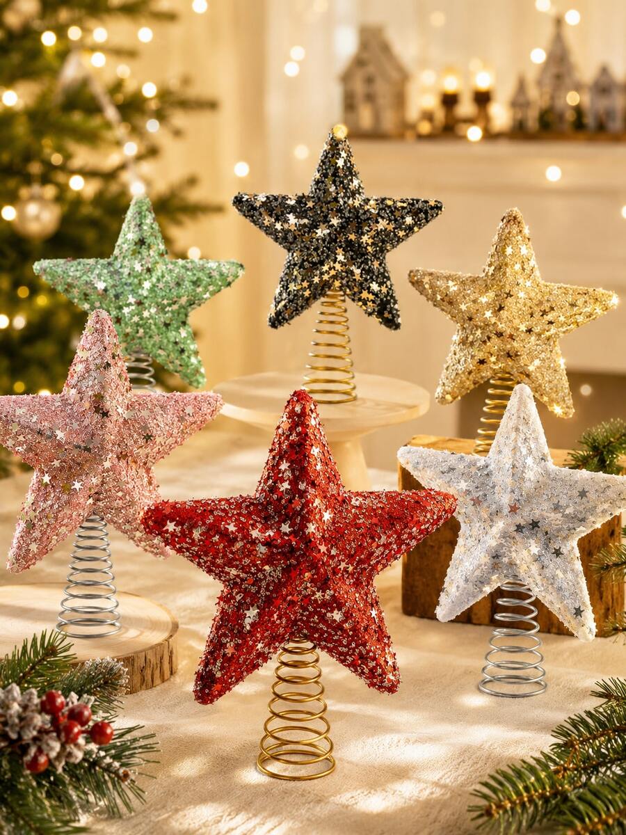 1pc Shiny Gold Star Christmas Tree Topper, Holiday Indoor Decoration, Sparkling Metallic Design, Suitable For Christmas Tree, Home Christmas Decor - Multicolor - View 1
