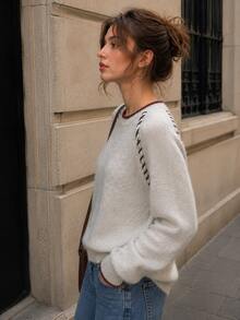 Women's Soft Knitted Pullover Sweater With Contrast Stitching, Long Sleeve Regular Fit For Autumn And Winter Comfort - Apricot - View 3