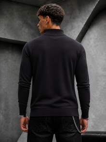 Krometka Men's Half-Zip Stand Collar Long Sleeve Top, Minimalist Basic Style, Commuter Casual Pullover - Black - View 2