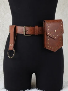 3pcs Medieval Brown PU Leather Waist Bag Vintage Dress Belt Pouch Suitable For Renaissance Viking Period Cosplay Props,Halloween - Brown - View 14