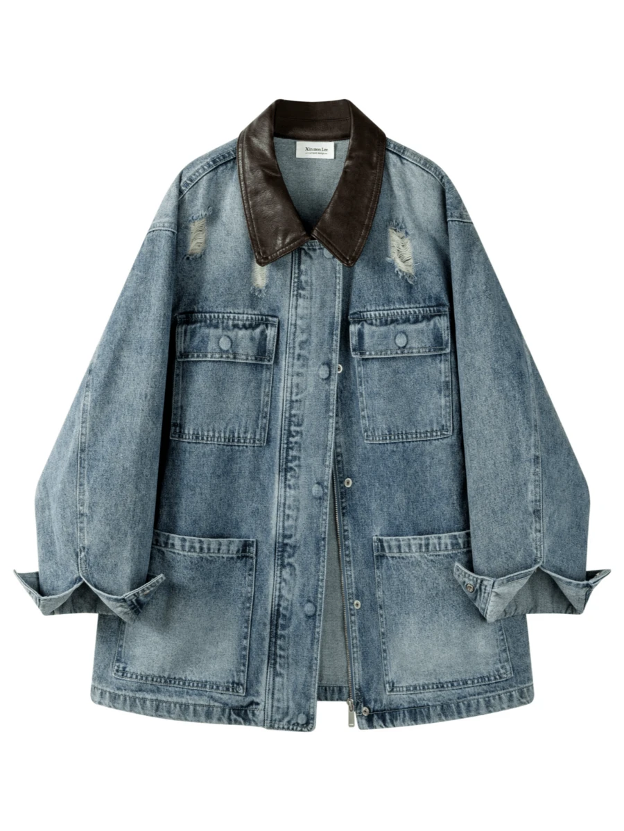 Distressed Vintage Ripped Leather Collar Denim Effect Jacket For Travel, Casual And Vacation - Royal Blue - View 1
