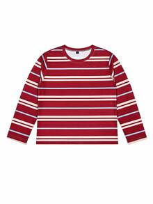 1pc Burgundy Blue Apricot Colorblock Striped Long Sleeve T-Shirt For Kids, Vintage Unisex Loose Fit All-Match Top, Spring Autumn - Red - View 4