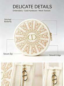 Dior Off-White Mesh Butterfly Embroidered Round Makeup Bag, Luxury Embroidered Storage Pouch - Off-white Butterfly Embroidered Bag - View 5