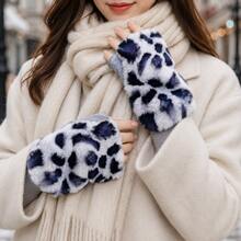1pair Women's Leopard Print Plush Half Finger Gloves With Warm Lining, Furry Cute Gloves For Autumn Winter, 4 Colors - Multicolor - View 8