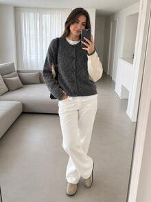 Women's Urban Casual Knit Cardigan, Elegant Grey Patchwork Loose Knit Sweater, Comfortable Versatile Design For Autumn/Winter, Handmade With Rope Buckle Decor, Round Neck Long Sleeve Knitted Cardigan - Dark Grey - View 8