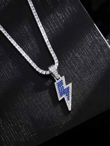 1pc Men's Iced‑Out Lightning Pendant Alloy Necklace, Two‑Tone Spliced Choker, Cool Rapper‑Style Unisex Unique Jewelry Gift - Blue - View 3