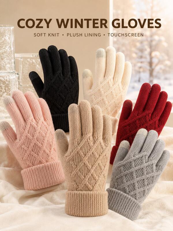 Solid Color Diamond Pattern Gloves, Winter Casual Acrylic Thermal Lined Full Finger Double Finger Touchscreen Windproof Double Layer Cuff Warm Cold-Proof Thickened Knitted Gloves Suitable For Men And Women Outdoor Cycling Daily Warmth
