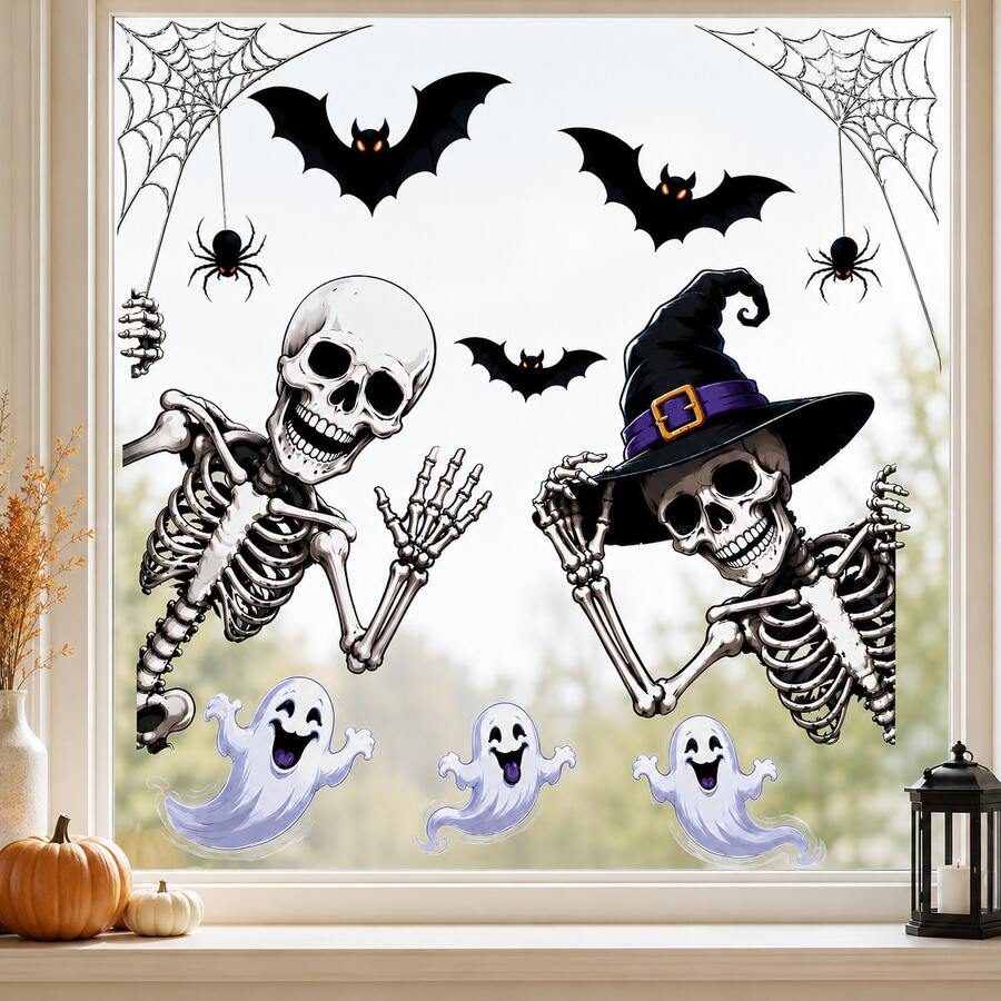 Halloween Witch Window Decals, Scary Witch Glass Stickers With Bat And Spider Web Pattern, Suitable For Halloween Party Window Decoration - Halloween - View 1