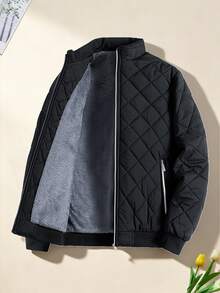 Women's Versatile Commuter Cotton Jacket, Diamond Quilted Thickened Coat, Fleece Lining, Warm Casual Aviator Jacket - Black - View 3