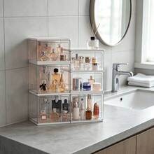 Transparent Flip-Top Bathroom Storage Organizer, Stackable Expandable Design, Dust-Proof Organizer Rack For Perfume, Cream And Other Toiletries On Washbasin - Multicolor - View 2