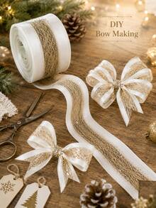 2.5 Inch Gold Glitter Wired Christmas Ribbon, White Champagne Mesh Polyester Ribbon With Metallic Edge, Christmas Tree Ribbon, Suitable For Bow Making, Christmas Tree Topper, Wreath, Holiday Party DIY Decoration - Gold Fan Belt - View 5