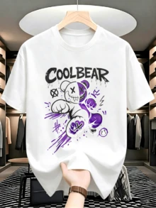 Urban Functional Cotton Unisex Oversized Tee,Capsule Wardrobe Style,Hip‑Hop Cartoon Bear Drip Ink Print,Bar & Party Occasion - White - View 1