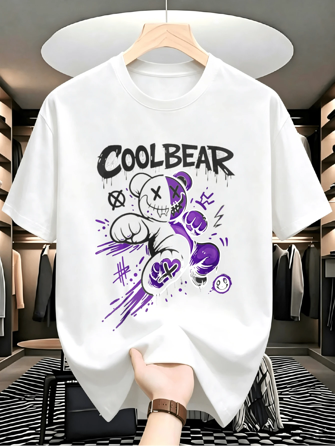 Urban Functional Cotton Unisex Oversized Tee,Capsule Wardrobe Style,Hip‑Hop Cartoon Bear Drip Ink Print,Bar & Party Occasion - White - View 1