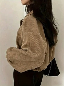 女士休闲纯色前开襟纽扣翻盖口袋夹克 - 卡其色 - 查看 2