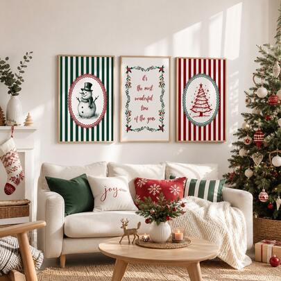 Juego de 1/3 piezas de impresiones de arte en lienzo navideño, decoración de pared con muñeco de nieve vintage y árbol de Navidad, póster festivo a rayas rojas y verdes para sala de estar, dormitorio, repisa de chimenea, decoración del hogar, regalo sin marco
