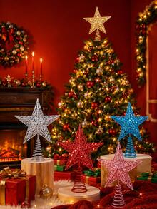 1pc Glitter Golden Star Christmas Tree Topper, Festive Indoor Holiday Decoration With Sparkling Metallic Design For Christmas Trees, Holiday Decor For Home & Xmas Tree - Multicolor - View 1