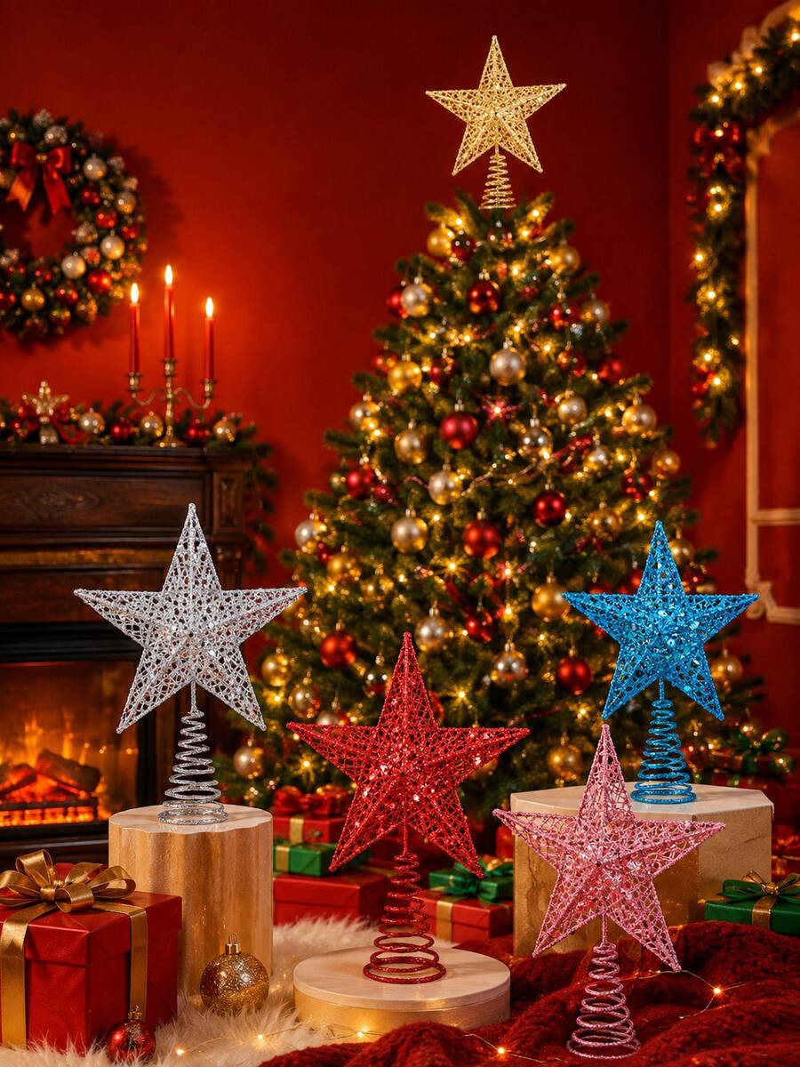 1pc Glitter Golden Star Christmas Tree Topper, Festive Indoor Holiday Decoration With Sparkling Metallic Design For Christmas Trees, Holiday Decor For Home & Xmas Tree - Multicolor - View 1