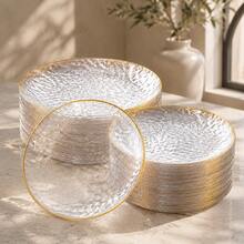 50/25/20/10pcs Transparent Gold Rim Plates/Trays Set, 7.5 Inch/10.25 Inch Reusable Plates, Food Trays, Fruit And Snack Platters, Dessert And Salad Plates, Cheese And Candy Trays, Multi-Purpose Tableware For Party, Wedding, Birthday, Picnic, Holiday Events, Easy To Clean And Durable, Suitable For Home And Event Elegant Table Setting - View 2