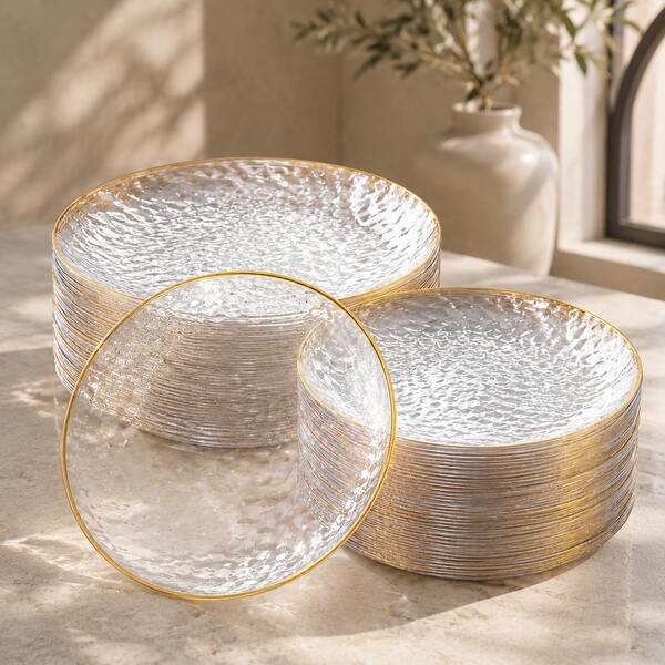 50/25/20/10pcs Transparent Gold Rim Plates/Trays Set, 7.5 Inch/10.25 Inch Reusable Plates, Food Trays, Fruit And Snack Platters, Dessert And Salad Plates, Cheese And Candy Trays, Multi-Purpose Tableware For Party, Wedding, Birthday, Picnic, Holiday Events, Easy To Clean And Durable, Suitable For Home And Event Elegant Table Setting