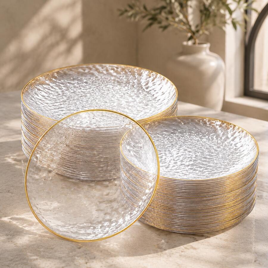 50/25/20/10pcs Transparent Gold Rim Plates/Trays Set, 7.5 Inch/10.25 Inch Reusable Plates, Food Trays, Fruit And Snack Platters, Dessert And Salad Plates, Cheese And Candy Trays, Multi-Purpose Tableware For Party, Wedding, Birthday, Picnic, Holiday Events, Easy To Clean And Durable, Suitable For Home And Event Elegant Table Setting