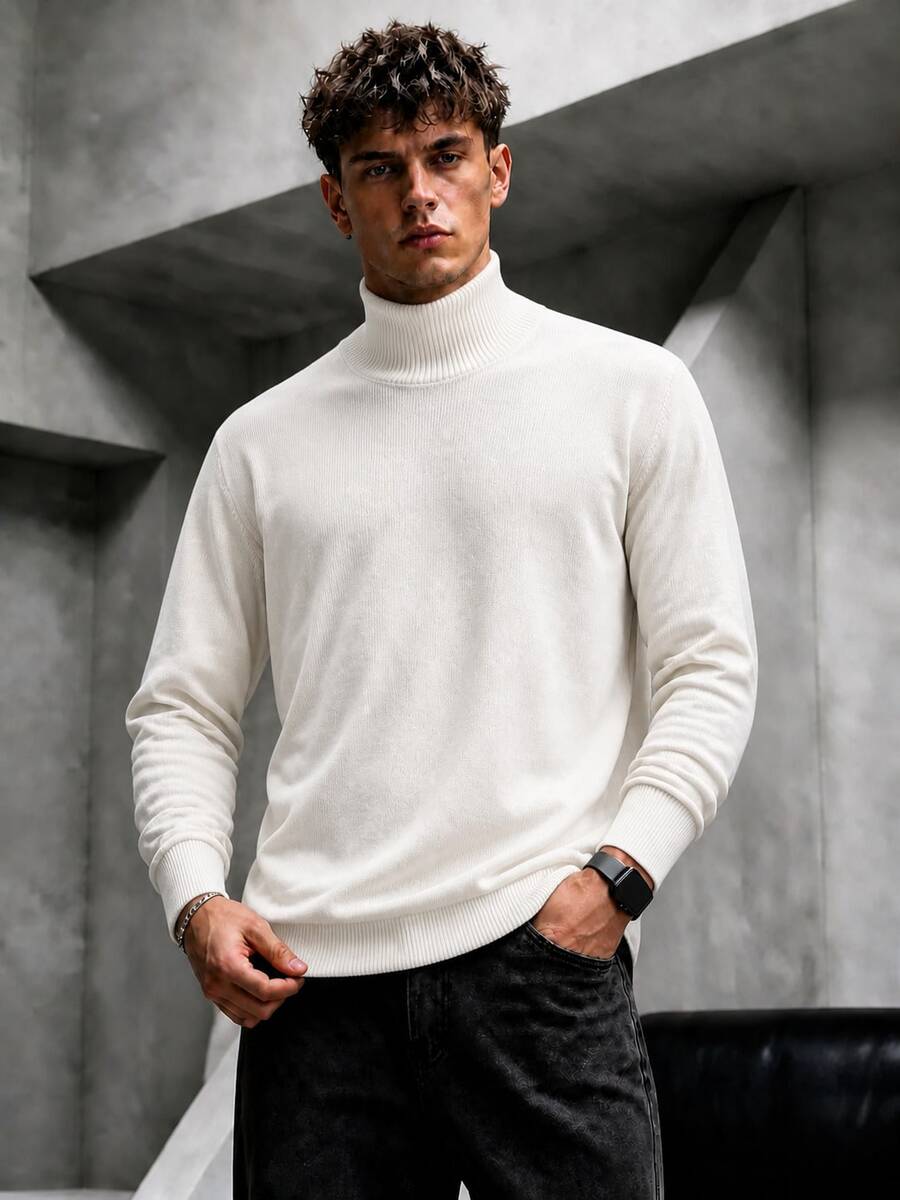 Krometka Men's High Neck Pullover Long Sleeve Top, Minimalist Basic Loose Fit, Casual Commute Inner Layer - White - View 1