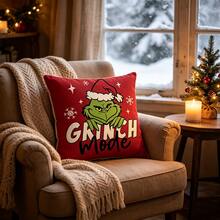 The Grinch 1pc Christmas Pillow Case 45x45cm Red Green Monster Christmas Hat Pattern Hidden Zipper Holiday Decor Sofa Cushion Cover - Christmas Style - View 9