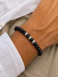 1PC Men's Personalized Name Engraved Beaded Bracelet, Natural Matte Black Stone Bracelet, Supports Customization Of 1-5 Names, Natural Stone Bracelet With 1-5 Names Engraved On Stainless Steel Spacers, Matte Black Natural Stone Beaded Bracelet, Minimalist Matte Men's Accessory, Carrying Family And Loved Ones' Names As Memorial, Minimalist High-End Men's Jewelry, Family Affection Memorial Style, Birthday Anniversary Gift, Exclusive Memorial Bracelet For Husband, Father, Boyfriend - Natural Stone Bracelet - View 3