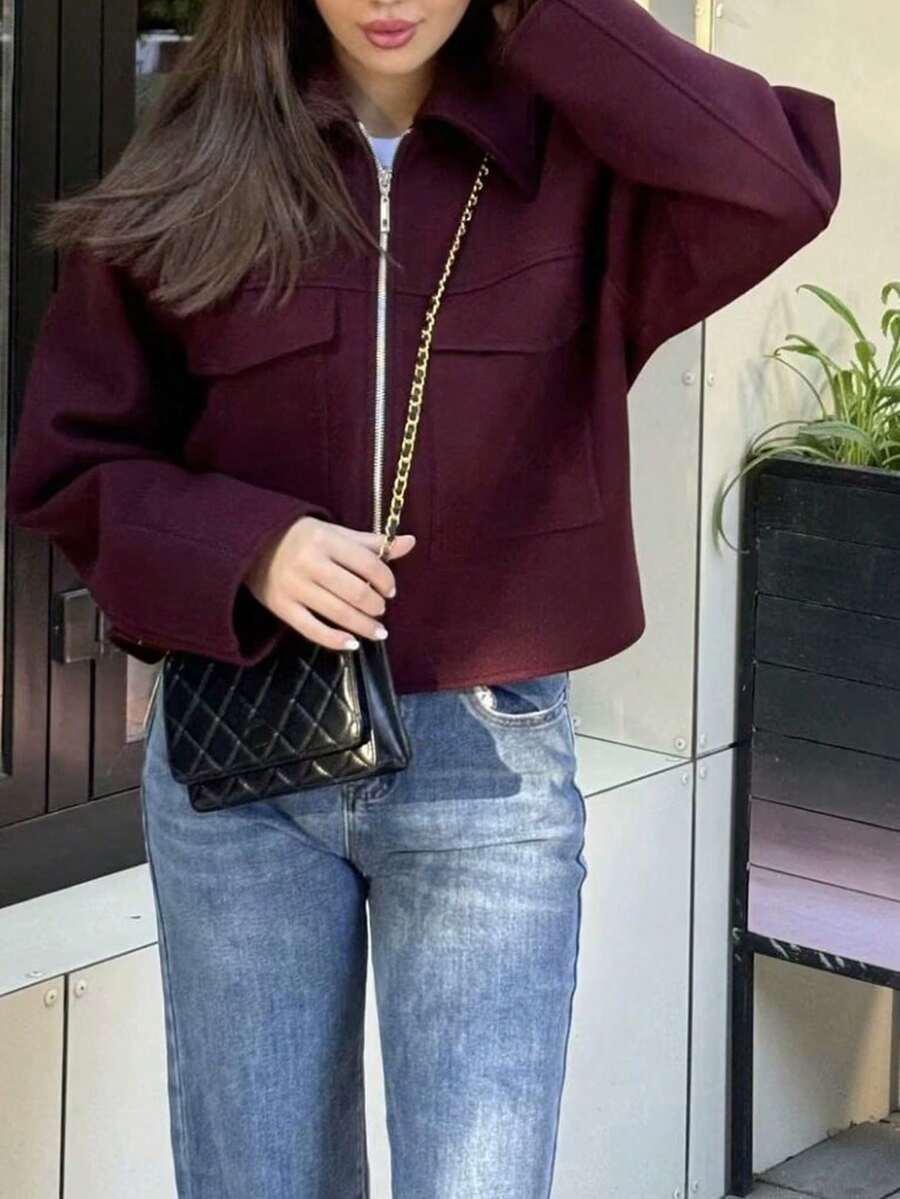 女款寬鬆時尚休閒百搭素色大口袋拉鍊通勤羊毛上衣外套 - 酒紅色 - 查看 1