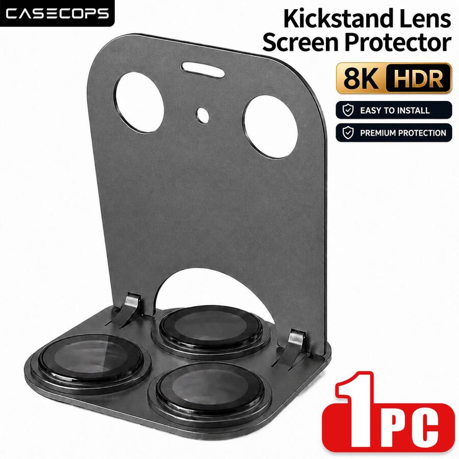 CASECOPS 石墨灰 1件裝一體式相機螢幕保護貼附支架，相容 18 Pro Max/18 Pro，手機支架功能設計，90°可調支架，穩定支撐不晃動，隨時隨地可用，全覆蓋霧面金屬保護殼，防震防刮耐磨，超強黏性不易脫落