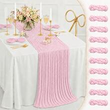 15 Packs Light Pink Cheesecloth Table Runner, Gauze Table Runner 35*120 Inch Sheer Crinkled Boho Rustic Table Runner For Wedding Party, Baby Shower, Birthday, Bridal Shower, Thanksgiving, Friendsgiving, Engagement Party, Home Decor - Light Pink - View 31
