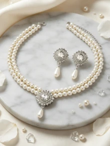 3pcs Vintage Silver Double Layer Pearl Necklace & Earrings Set, Elegant Pendant Jewelry, Suitable For Women's Daily, Wedding, Party Gift - Pearl Pendant Set - View 6