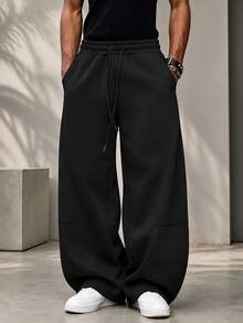 2pcs Street Style Y2K Patchwork Water-Resistant Pants Men High Waist Loose Drawstring Wide Leg Gray-Black Sweatpants Joggers Autumn - Multicolor - View 4