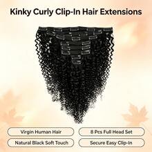 BINF Clip In Human Hair Extensions Kinky Curly, 120g Full Head Real Human Hair Clip Ins, Natural Black Curly Clip‑In Hair Extensions For Women, Easy To Wear For Daily & Party - Natural Black - View 2