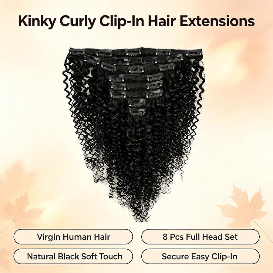 BINF Clip In Human Hair Extensions Kinky Curly, 120g Full Head Real Human Hair Clip Ins, Natural Black Curly Clip‑In Hair Extensions For Women, Easy To Wear For Daily & Party