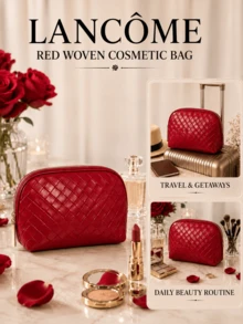 Lancôme Red Woven Makeup Bag, 22.7*6.5*15.5cm, Woven Texture, Spacious Capacity, Smooth Zipper, Easy To Carry, Stain-Resistant, Suitable For Daily Use - Red - View 9
