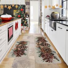 1/2/3pcs Christmas Theme Kitchen Rugs, Flannel Kitchen Mats With Christmas Pine Cone And Pine Branch Pattern, Soft Comfortable Absorbent Non-Slip Machine Washable With Non-Slip Backing, Multi-Purpose Floor Mats Suitable For Doorway, Living Room, Bedroom, Kitchen, Dining Room, Bathroom, Patio, Entryway, Home And Holiday Decor - Multicolor - View 2
