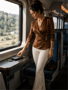 Stylish V-Neck Draped Wrap Top For Women, Three Quarter Sleeve Woven Blouse With Button Detail And Asymmetrical Hem Brown - Brown - View 4