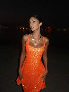 Women's Glamorous Sequin Spaghetti Strap Short Dress, Orange Straight Neckline Mid-Stretch Backless Cinched Waist Flared Skirt, Suitable For Evening Dates, Parties, Music Festivals, Cocktail Events, Homecoming, Birthday Parties, Nightclubs, Bars, Carnivals, Island Vacations, Photo Shoots, New Year's Eve Parties, Theme Dances, Beach - Orange - View 5
