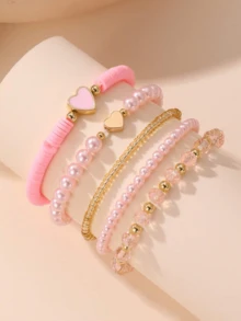 5pcs/Set Pink Style Pearl Shell Beaded Heart Charm Bracelets Set, Suitable For Little Girls/Tweens Daily Jewelry Decoration - Pink - View 1