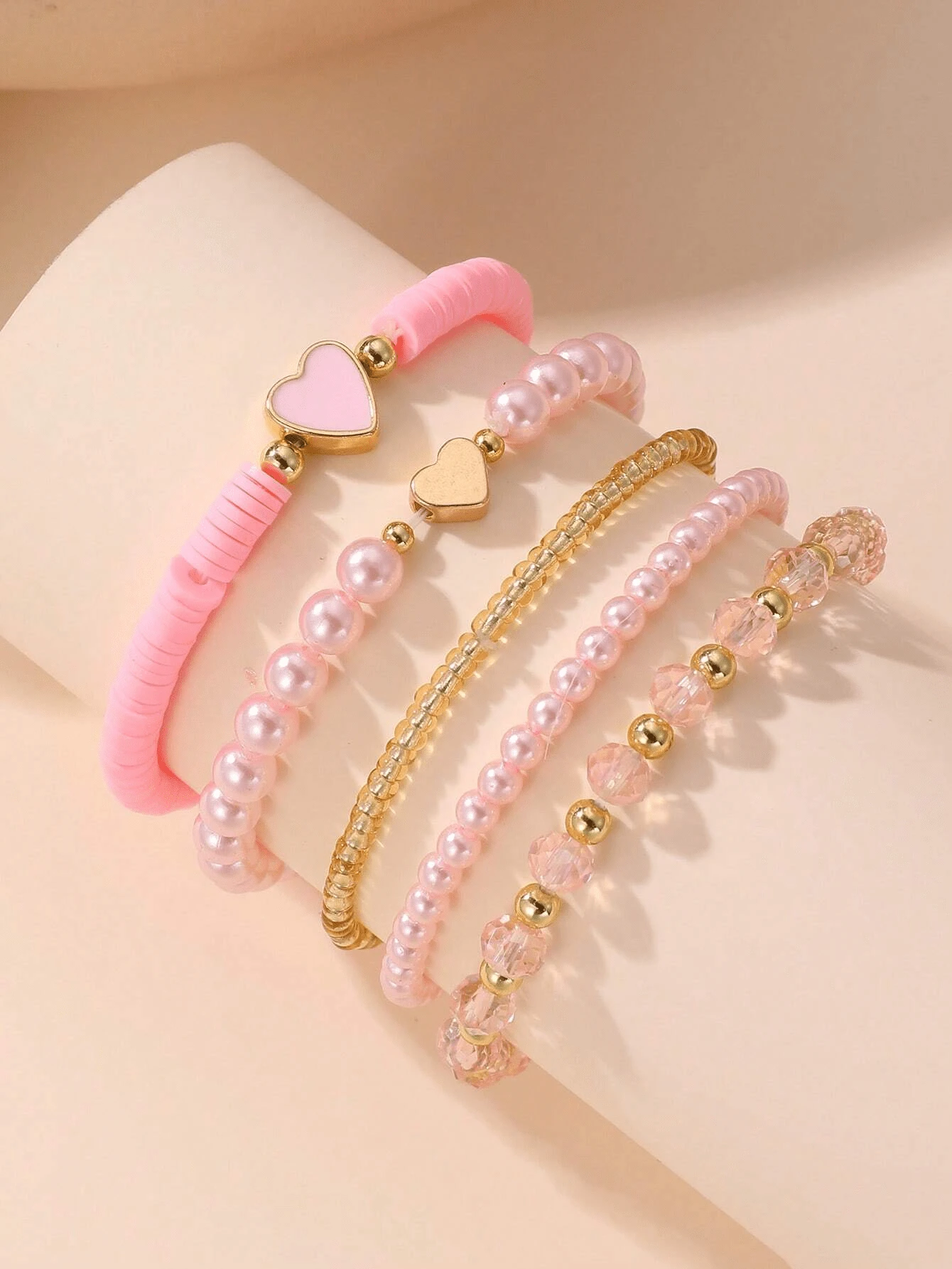 5pcs/Set Pink Style Pearl Shell Beaded Heart Charm Bracelets Set, Suitable For Little Girls/Tweens Daily Jewelry Decoration - Pink - View 1