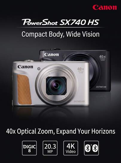 Canon PowerShot SX740 HS Digital Camera | Approx. 20.3 Megapixels + 40x Optical Zoom (80x Zoom Plus) | 4K Video + Time-Lapse Photography | Wi-Fi/Bluetooth Wireless Transfer | Intelligent IS | 46 Filters | Compact Telephoto Camera For Home And Travel