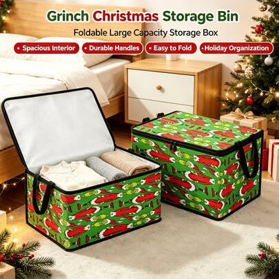 The Grinch 1 صندوق تخزين مطبوع، لوازم حفلة عيد الميلاد، صندوق تخزين قماشي متعدد الأحجام، سعة كبيرة للمفروشات والوسائد والملابس والدمى، مناسب لتنظيم المنزل وديكورات عيد الميلاد والملابس الموسمية والتخزين بموضوع العطلات وتخزين الانتقال وصندوق تخزين عيد الميلاد للمنزل