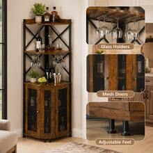 5-Tier Corner Wine Cabinet , Large Industrial Bar Storage Cabinet With Glass Holder, Home Bar Liquor Display Shelf – Rustic Brown - Rust Brown - View 6