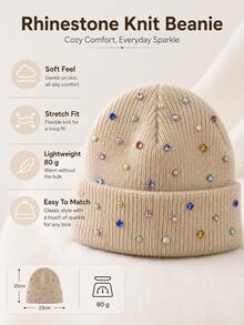 1pc Fashion Rhinestone Knit Beanie, Warm Casual Hat For Autumn/Winter, Unisex, Suitable For Couples, Stylish Design - Multicolor - View 6