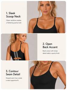Sodalemon Women's Colorblock Striped Hollow Back Sports Bra, U-Neck Spaghetti Strap Cropped Fitness Bra - Black - View 3