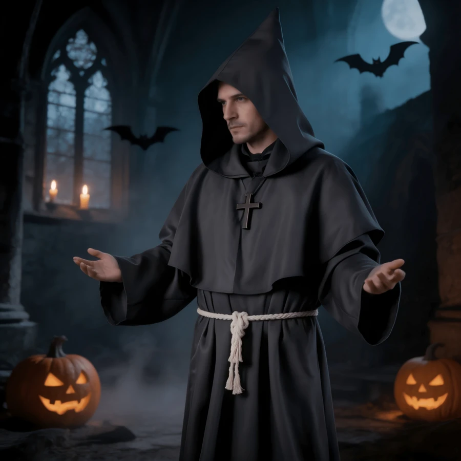 2026 Adult Medieval Warrior Monk Wizard Priest Cosplay Robe, Halloween Fancy‑Dress Costume - Grey - View 1