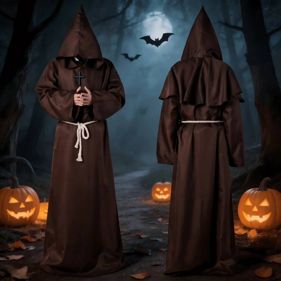 2026 Adult Medieval Warrior Monk Wizard Priest Cosplay Robe, Halloween Fancy‑Dress Costume - Brown - View 1
